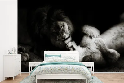 Produktbild von MuchoWow® Fototapete für Wohnzimmer oder Schlafzimmer Wandtapete Vinyl Motivtapete Löwe - Schwarz - Weiß - 390x260 cm - Papiertapete