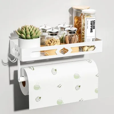 Zdjęcie produktu dla Półka ścienna Ibzoa® z uchwytem na rolki kuchenne i 2 haczykami, biała, wymiary: 30 cm (długość) x 11,7 cm (szerokość) x 15 cm (wysokość), wykonana z wysokiej jakości metalu