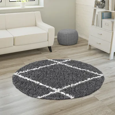 Immagine prodotto di Tappeto a pelo lungo per soggiorno Shaggy a pelo lungo Motivo a rombi scandinavo Dimensioni 200 cm rotondo