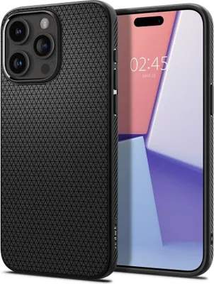 A black phone case is shown next to a phone displaying a clock and wallpaper.