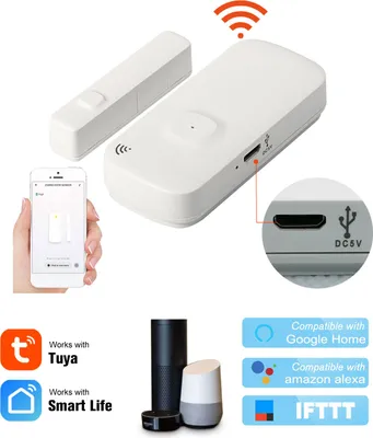 Obrázok produktu pre Senzor dverí WIFI Tuya APP Ovládanie dverí Otvorenie okna Bezpečnostný alarmový senzor Magnetický spínač Bezdrôtový detektor Kompatibilný s Alexa Home IFTTT
