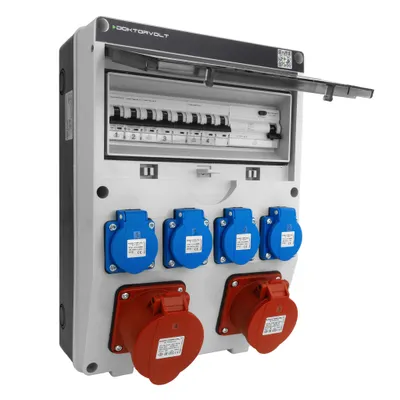 A power distribution box with multiple outlets and circuit breakers.