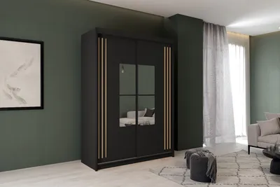 Produktbild von Kleiderschrank JAMAJKA 150 cm Schiebetürenschrank mit Spiegel Schwarz + Wotan Lamellen