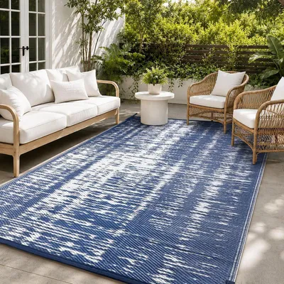 Immagine prodotto di Tappeto da esterno resistente alle intemperie, ideale per campeggio o balcone, colore blu e bianco, dimensioni 375x365 cm