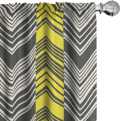 Obrázok produktu pre ABAKUHAUS Žlté a biele závesy, záclony, rybí vzor s uhlovými líniami, geometrický chevron, cikcak, 2 kusy, 75 x 245 cm, žltá, krémová, sivá