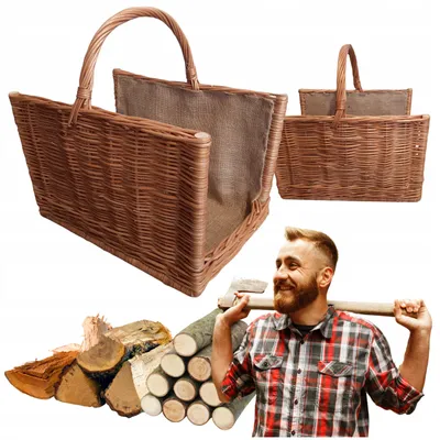 Obrázek produktu pro Přírodní proutěný koš na dřevo 47x30 cm s uchy - robustní koš na dřevo do interiéru