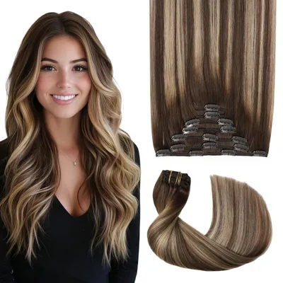 Produktbild von Clip-in Haarverlängerungen Echthaar 120g 7 Stück Balayage Schokoladenbraun bis Karamellblond 40cm