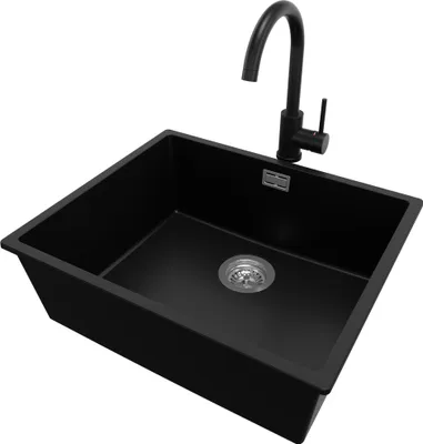 Produktbild von PRIMAGRAN Granitspüle Schwarz 56x47cm, Spülbecken 1 Becken + Küchenarmatur 32x20cm + Ablauf-Set, Küchenspüle ab 60er Unterschrank - London Slim