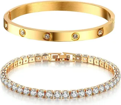 Image de NTRUXZP Bracelet de tennis en zirconium Set de 2 en acier inoxydable 17cm bijoux en or femmes