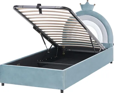 Produktbild von BELIANI Kinderbett Blau Samt mit Bettkasten Hochklappbar Lattenrost 90x200 cm Hohem Kopfteil Modern Schlafzimmer Ausstattung Einzelbett Jugendbett