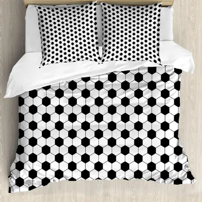 Obrázok produktu pre ABAKUHAUS Futbalová obliečka na perinu, abstraktný futbalový vzor, jednofarebný geometrický dizajn, športová zábava, 155 x 220 cm + 80 x 80 cm, biela čierna