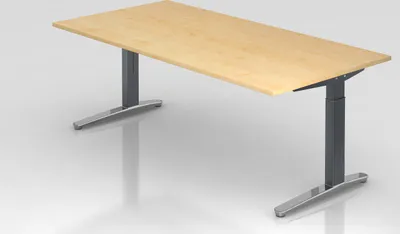 Produktbild von Schreibtisch Mika | Ahorn | Graues Gestell poliert | BxT 200x100cm | Arbeitshöhe 65-85cm | höhenjustierbar, 1cm Raster | C-Fuß-Gestell | Rechteckform