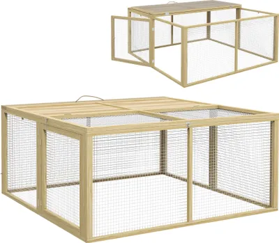 Obrázok produktu pre Fortuna Lai Králičia klietka Drevená skladateľná klietka pre malé zvieratá Skladateľný výbeh Strecha Morča Príroda 120x120x57cm
