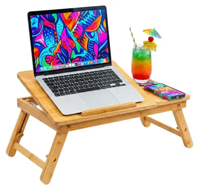 Immagine prodotto di Supporto per laptop Relaxdays, per schermi da 11,6 a 17,3 pollici, supporto regolabile in altezza, portabevande, cassetto, bambù, colore naturale