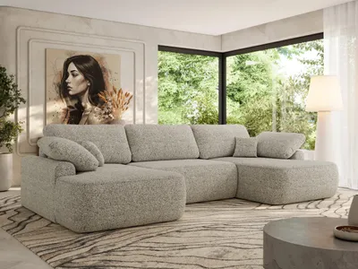 Produktbild von MKS MEBLE U-förmige Eckcouch, Wellenfeder, Ecksofa mit Schlaffunktion, Bettkasten und lose Kissen, 370x187x100cm - CUBO U - Beige Struktur