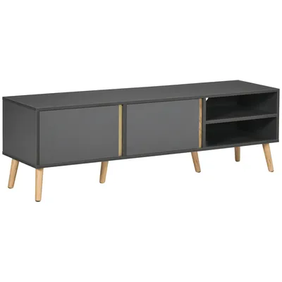 Image de HOMCOM Meuble TV banc TV pour télévision jusqu'à 55 pouces design scandinave 2 portes 2 niches avec passe-câbles 150 x 35 x 45 cm gris foncé