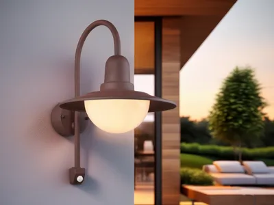 An outdoor wall lamp is mounted on a gray wall, with a modern house and a garden visible in the background during sunset.
