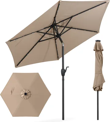 Zdjęcie produktu dla Parasol ogrodowy COSTWAY 230 cm z oświetleniem słonecznym LED, korbką i 6 żebrami, składany pod kątem 35° z obu stron Parasol ogrodowy Parasol rynkowy Jasnobrązowy