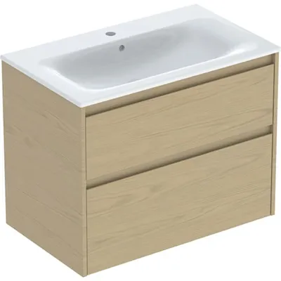Produktbild von Geberit Renova Plan Set Möbelwaschtisch schmaler Rand, mit Unterschrank, zwei Schubladen: 80x62.1x48cm, Breite Waschtisch=80cm, Waschtisch: weiß, Korpus, Front: Eiche natur / Melamin Holzstruktur