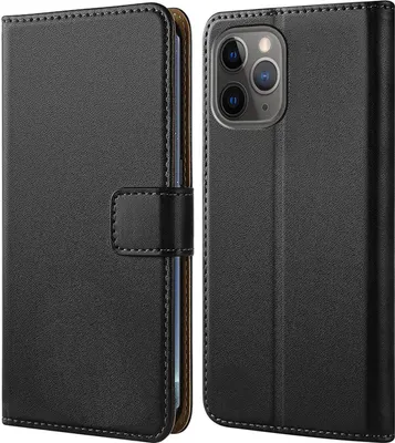 A black flip-style phone case for an iPhone 13 Pro is shown from two angles.