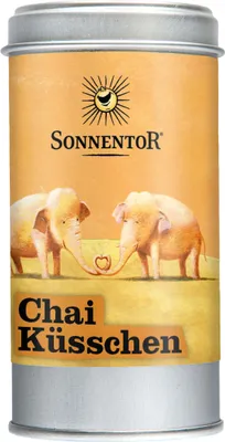 Produktbild von Sonnentor Chai Küsschen Gewürz-Blüten-Zubereitung, Pulverförmige Gewürze, 70 g, Piment, Kardamom, Zimt, Gewürznelken, Ingwer, Zucker, Rübenzucker , 84.75%, Sonnenblumen-blütenblätter , Zimt Ceylon , Piment , Kardamom..., 377 kcal, 1598 kJ