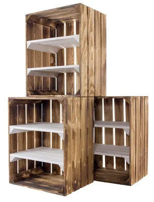 Produktbild von 3er Set neue geflammte/gebrannte Holzkiste mit 2 weißen Zwischenbrettern 50cm x 40cm x 30cm Weinkiste Obstkiste Holzkiste Kiste Regal