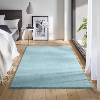 Produktbild von Waschbarer Kurzflor Teppich Anti-Rutsch I Flauschiger Flachflor für Badezimmer Wohnzimmer Schlafzimmer Kinderzimmer Flur Läufer |  Hellblau