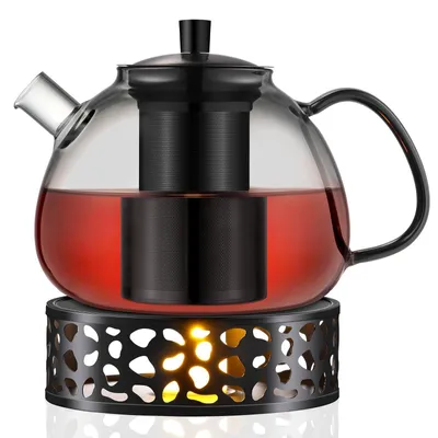 Productafbeelding van Glazen Theepot 1500ml met Theepotwarmhouders en Theefilters, Zwart