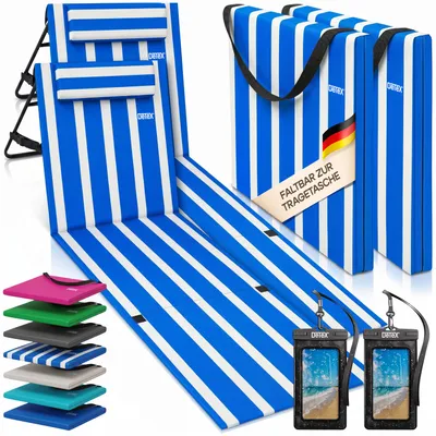 Produktbild von DETEX® 2x Strandmatte mit Rückenlehne Gepolstert Blau Weiß Sonnenliege klappbar UV-beständig Tasche Reißverschluss Kissen Tragegurt Garten Camping Picknick Liegematte 158x56cm