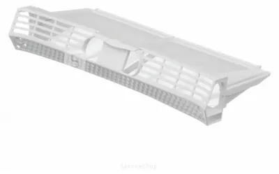 A white plastic filter for a washing machine or dryer.