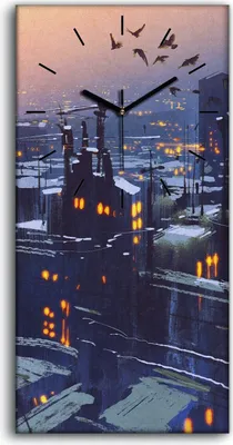 Produktbild von Wanduhr Uhr Wandbild Leinwand 30x60 Malerei Stadt in der Winterlandschaft - schwarze Hände