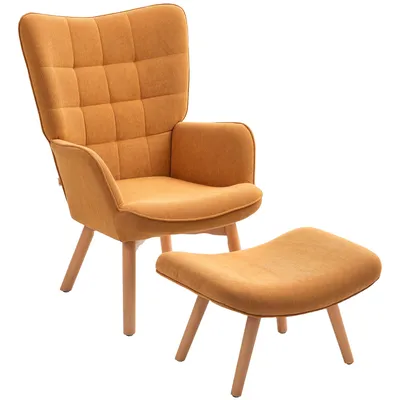 Immagine prodotto di Poltrona HOMCOM con poggiapiedi, poltrona a orecchie con schienale alto, gambe in legno, tessuto cord, marrone