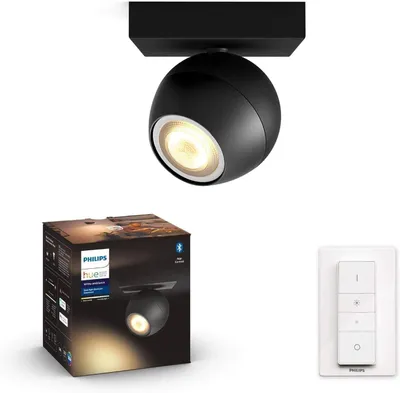 Produktbild von Philips Hue White ambience Buckram Einzelspot schwarz + Dimmschalter, Intelligenter Einbaustrahler, Bluetooth/Zigbee, Schwarz, LED, Metall, GU10