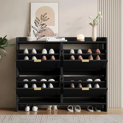 Produktbild von Schuhschrank mit 4 Klappenfächern, schmal, freistehend, Spanplatte, Schwarz