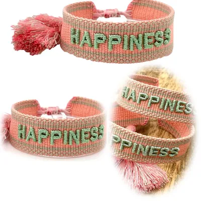 Produktbild von LS-LebenStil Canvas Statement Armband Happiness Lachs Grün besticktes Stoffarmband gewebt textiles Quasten Spruch Boho Geschenk Freundschaftsarmband