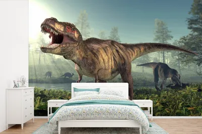 Produktbild von MuchoWow® Fototapete für Wohnzimmer oder Schlafzimmer Wandtapete Vinyl Motivtapete Dino - Gras - Zeichnung - Kinder - Jungen - 420x280 cm - Kindertapete - Zimmer für Kinder