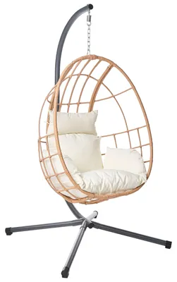 Produktbild von BELIANI Hängesessel Naturfarben Polyrattan Ei-Form mit Gestell Kissen Boho Stil Modernes Design Wohnzimmer Terrasse Garten