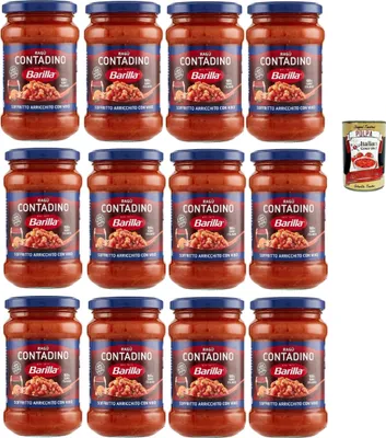 Produktbild von Barilla Ragù Contadino – 12 x 300 g (3,6 kg) | Tomaten & 100% italienisches Schweinefleisch, mit Wein verfeinert – langsam gekocht, servierfertige Pastasauce + Italian Gourmet polpa
