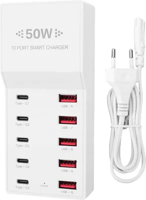 Obrázek produktu pro USB C nabíječka 50 W USB nabíjecí stanice pro více zařízení 10portový nabíjecí blok 5 USB portů 5 portů typu C EU zástrčka
