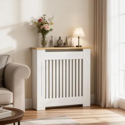 Zdjęcie produktu dla Osłona na grzejnik WISFOR, wykonana z MDF, o wymiarach 78 x 20 x 83 cm, z lamwowanym wzorem, z praktyczną półką, łatwa w montażu, idealna do sypialni i salonu