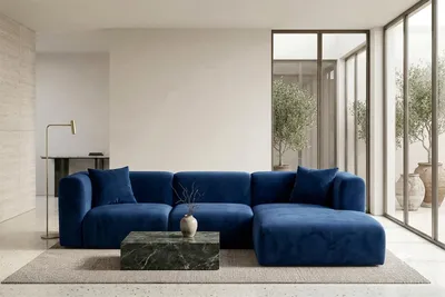 Productafbeelding van Kaiser Möbel: Hoekbank in L-vorm, bekleding van fluweelstof (Bluvel), kleur: tintenblauw, uitvoering: rechts, model: GRETA