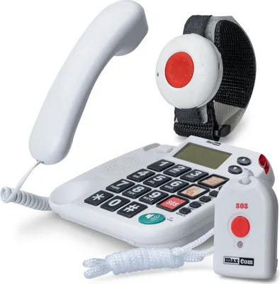 Produktbild von MaxCom KX481SOS: Hausnotruf Telefon mit Notrufarmband und Funk Notruf Sender; schnurgebundenes Festnetztelefon mit Notrufknopf, Notruf Armband und Notrufsender; Notruftelefon Senioren; Seniorentelefon