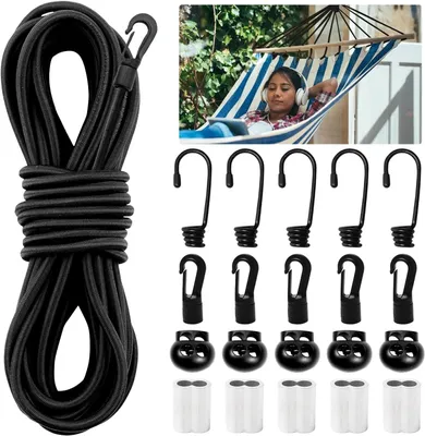 Produktbild von Gummiseil 12 m, 5 mm, mit 10 Spiralklammern, 5 Kunststoffhaken, 5 Spannklemmen, fuer Camping