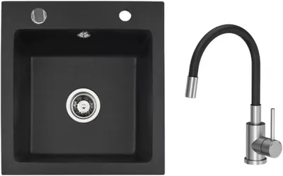 Produktbild von VBChome Granitspüle 50 x 48 cm Schwarz mit flexibler Armatur Einzelbecken Einbauspüle Gesprenkelt Pflegeleichtes Spülbecken mit Siphon