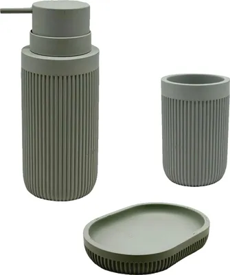 Produktbild von Relaxdays Bad Accessoires, 3-teilig, Seifenschale, Seifenspender, Zahnputzbecher, Polyresin, Bad Zubehör Set, hellgrau