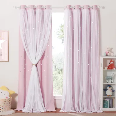 Productafbeelding van Verduisteringsgordijn Sterren - Kinderkamer Gordijnen - Dromerige Sfeer Creëren - Dubbellaags Design - 213 x 132 cm - Lichtroze