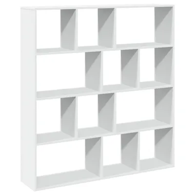 A white, multi-compartment bookshelf against a white background.