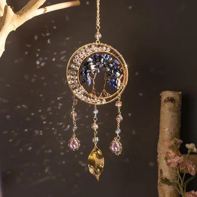 Produktbild von Kristall Sonnenfänger - Lebensbaum Ornament - Handgefertigtes Design - 30 cm - Blau