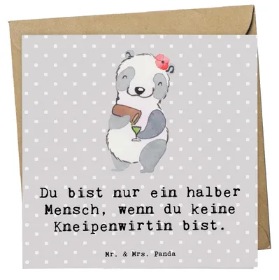 Produktbild von Mr. & Mrs. Panda doppelkarte Kneipenwirtin Herz - Grau Pastell - Geschenk, Bar, Kneipe, Klappkarte, Glückwunschkarte, Spruch, faltkarte, Gaststätte, anlasskarte