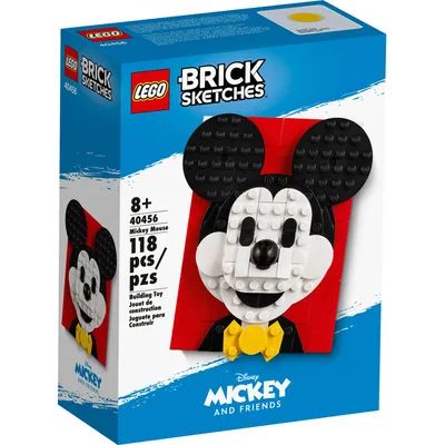 The image shows the front of a LEGO Brick Sketches Mickey Mouse building toy box.